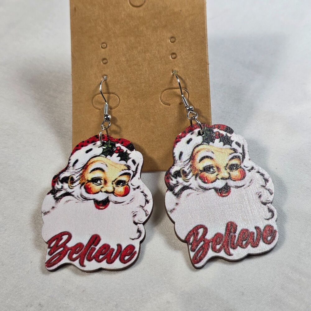 Nostalgic Santa Claus Wooden Dangle Earrings Christmas Holiday Believe Gift NEW